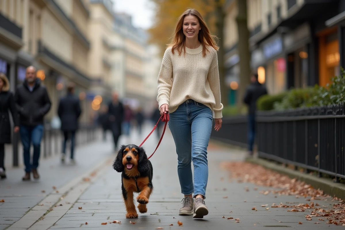 Femme promenant un Basset Griffon Vendéen en laisse dans une rue parisienne