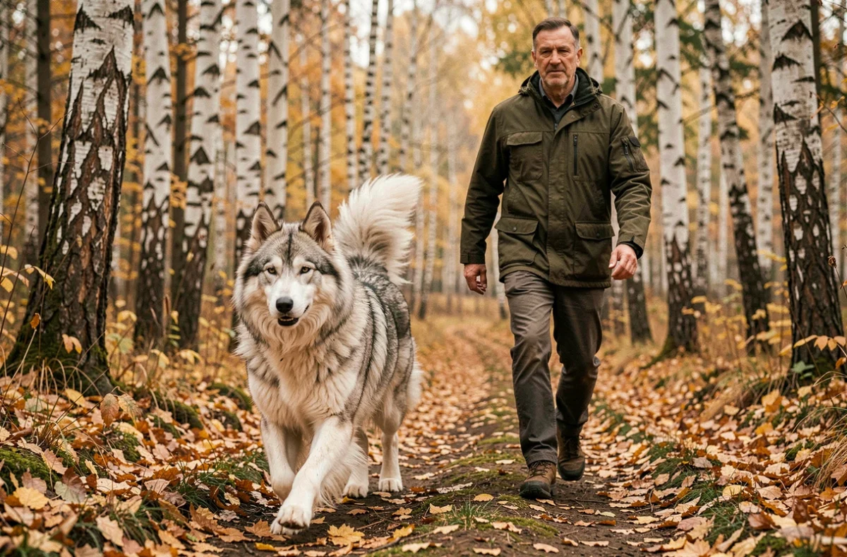 Homme promenant son chien Eurasier sur un chemin forestier en automne