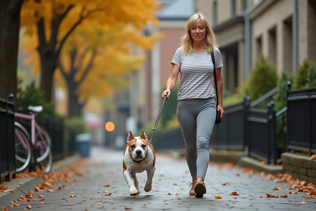 Femme promenant un Pocket American Bully en laisse détendue sur un trottoir urbain, illustrant une éducation équilibrée