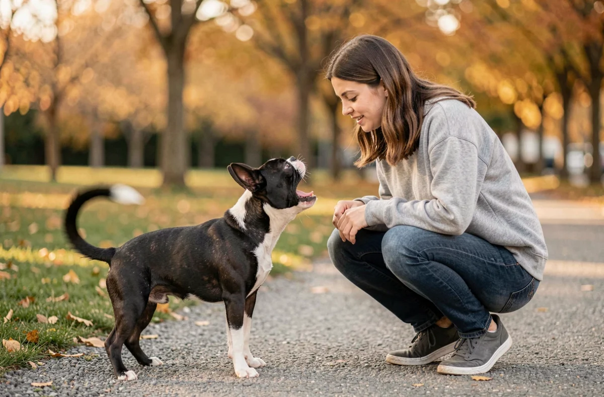 Propriétaire et son Boston Terrier adulte dans un parc, le chien aboyant avec enthousiasme, illustrant la communication et les besoins d'attention de la race