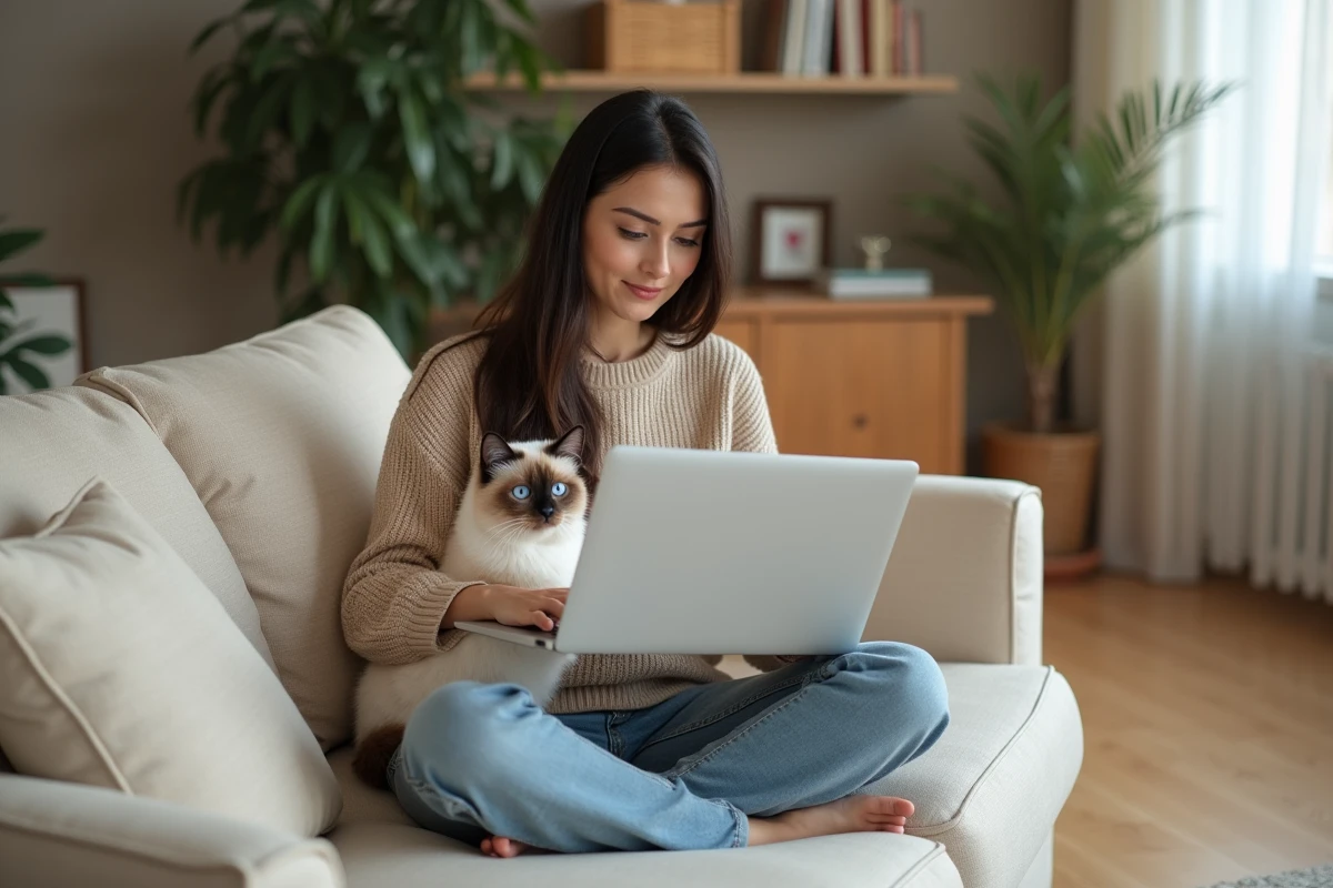 Jeune femme consultant des documents sur le coût de la stérilisation d'un chat sacré de Birmanie assis sur ses genoux à la maison