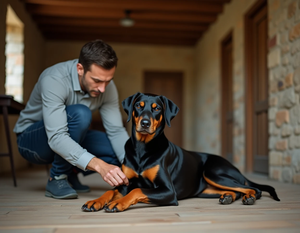 Propriétaire inspectant l'ergot de son Beauceron allongé dans une ferme