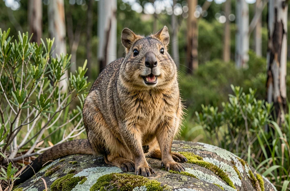 Quokka assis sur un rocher moussu en Australie, animal en Q au pelage détaillé pour article de jeux de lettres