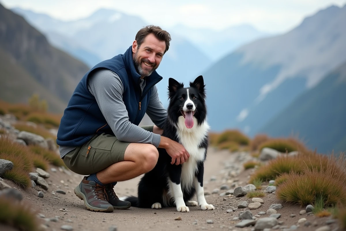 Randonneur accroupi contrôlant l'état de son border collie sur un sentier de montagne rocheux lors d'une pause