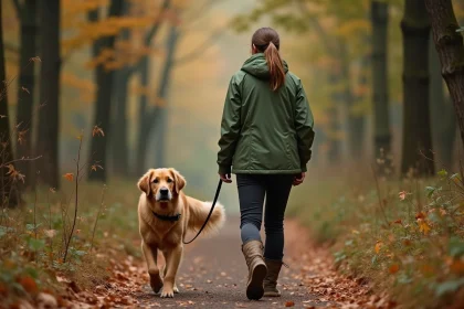 Femme randonneuse promenant son golden retriever sur un sentier forestier en automne, adaptant l'allure à son chien