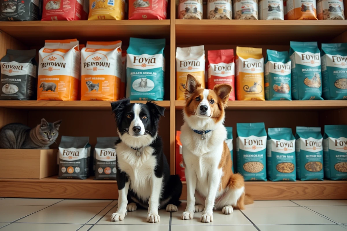 Chien border collie et chat gris devant un rayon de croquettes pour animaux dans une animalerie