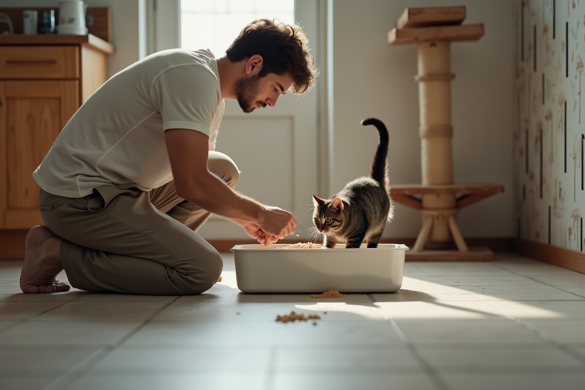 Jeune homme versant de la litiere dans la caisse avec un chat
