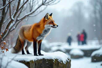 Renard roux dans son enclos enneigé au parc animalier de Strasbourg en hiver