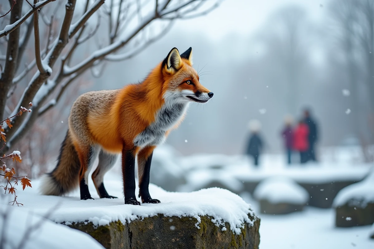 Renard roux dans son enclos enneigé au parc animalier de Strasbourg en hiver