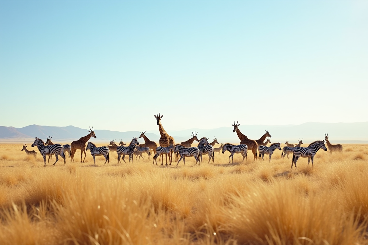 Savane africaine avec zebres et girafes en plein jour