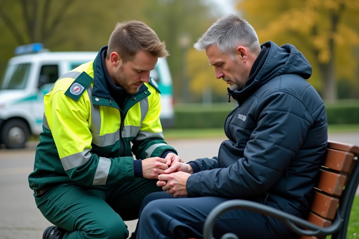 Secouriste en tenue soignant un patient piqué par un frelon dans un parc, intervention d'urgence réaliste en extérieur