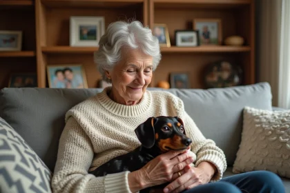 Femme senior caressant un petit chien dachshund dans son salon