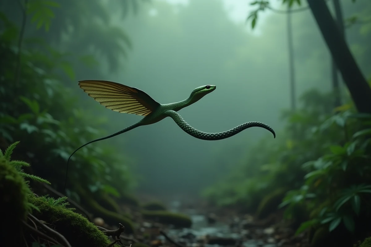 Serpent volant du paradis en plein plané au-dessus d'une forêt tropicale brumeuse en Asie du Sud-Est