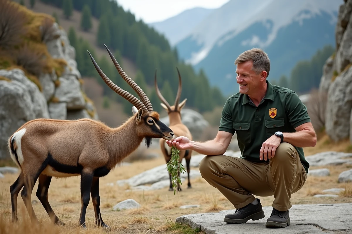 Soigneur animalier nourrissant des bouquetins dans un parc naturel de Haute-Savoie