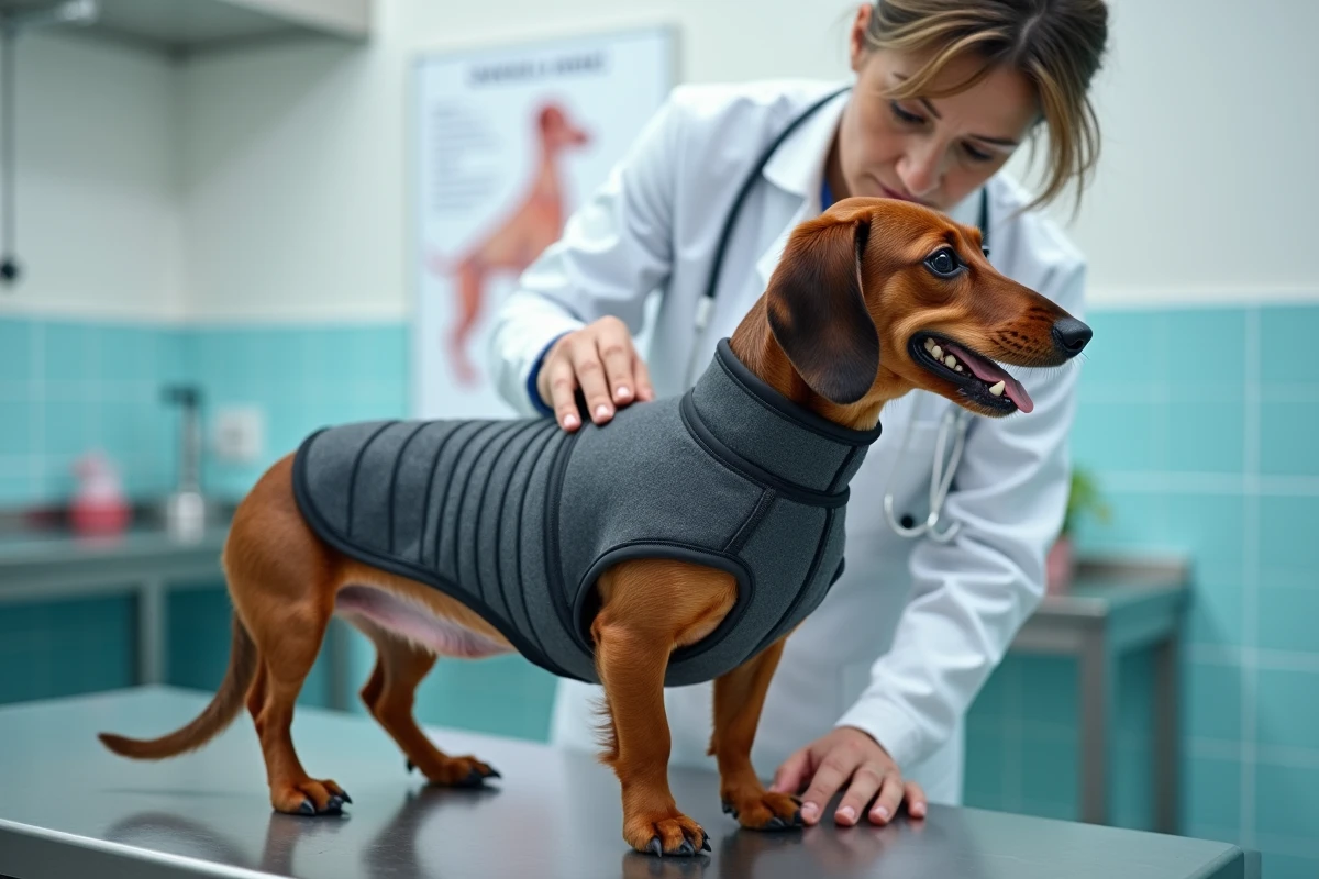 Teckel à poil dur portant un manteau orthopédique examiné par une vétérinaire pour protection lombaire