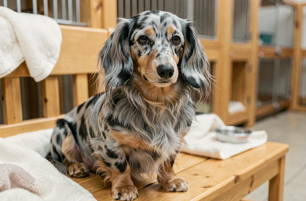 Teckel à poil long merle assis sur un banc en bois dans un refuge pour animaux, regardant l'objectif avec des yeux expressifs