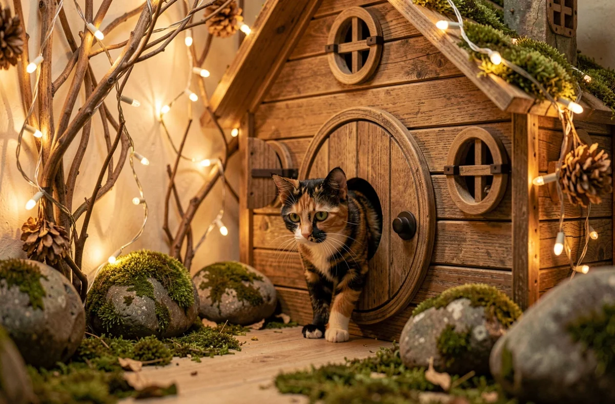 Un chat écaille de tortue explorant une structure en forme de chalet féerique au Terrier de Pixie