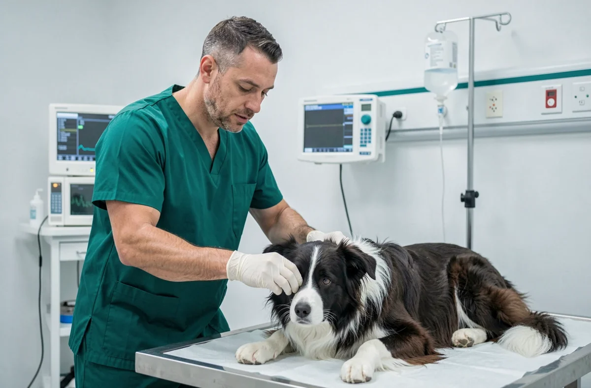 Le vétérinaire Pierre-Louis Thevenin en scrubs chirurgicaux effectuant un bilan post-opératoire sur un Border Collie