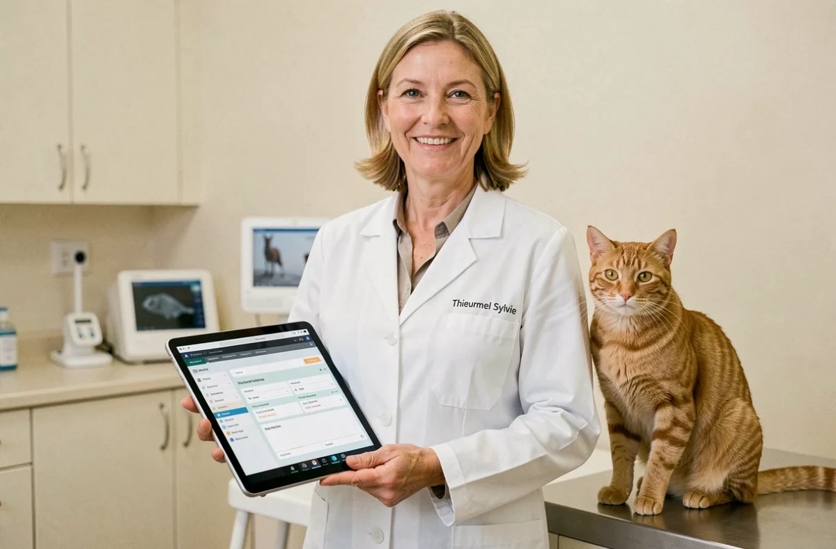 La vétérinaire Sylvie Thieurmel en blouse blanche avec un chat roux dans la salle d'examen tenant une tablette numérique
