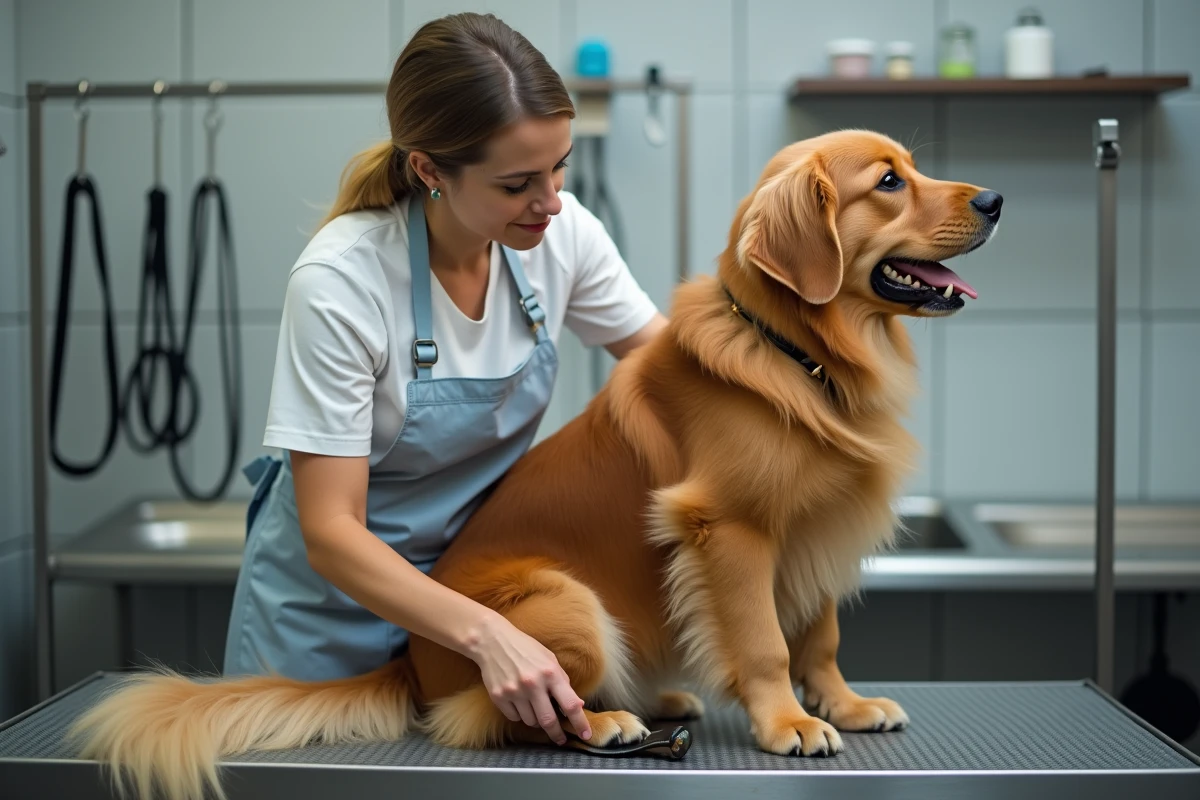 Toiletteuse professionnelle brossant un golden retriever à poil long sur une table de toilettage en salon