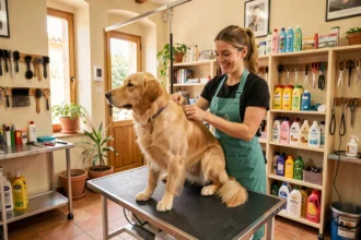 Toiletteuse professionnelle prenant soin d'un golden retriever dans un salon de toilettage canin en Occitanie