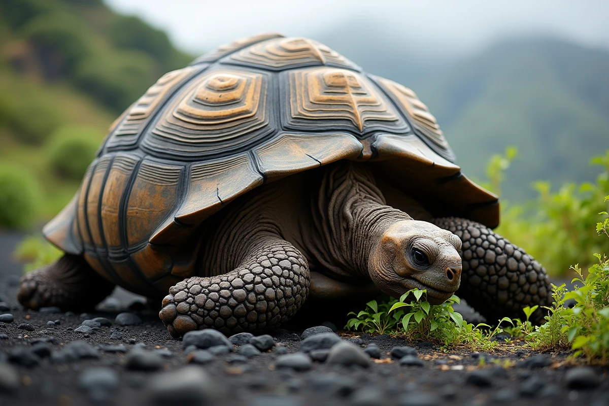 Tortue géante des Galápagos sur roche volcanique, record de longévité chez les reptiles, texture de carapace ancienne