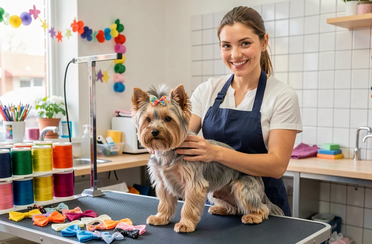 Toiletteuse préparant avec soin un yorkshire terrier avec nœud dans le salon Toutou Sur Son 31