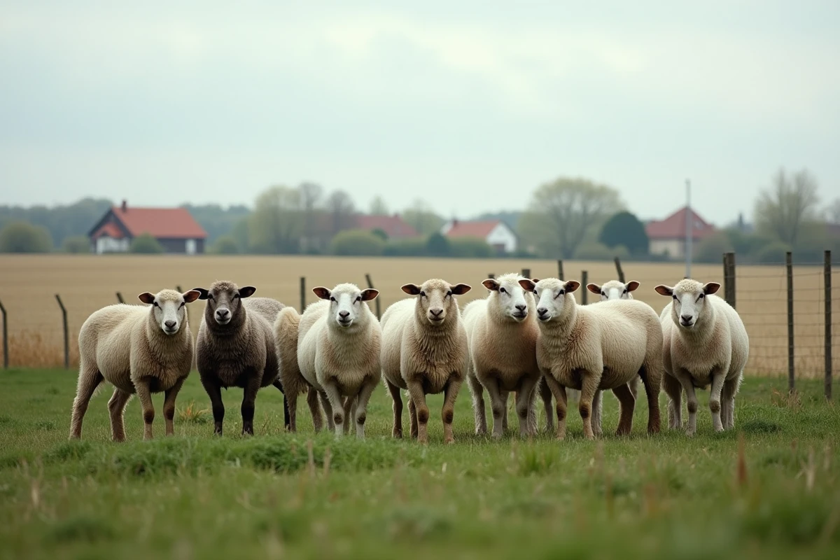 Troupeau de moutons dans un pré agricole typique d'Île-de-France, paysage rural avec ferme en arrière-plan