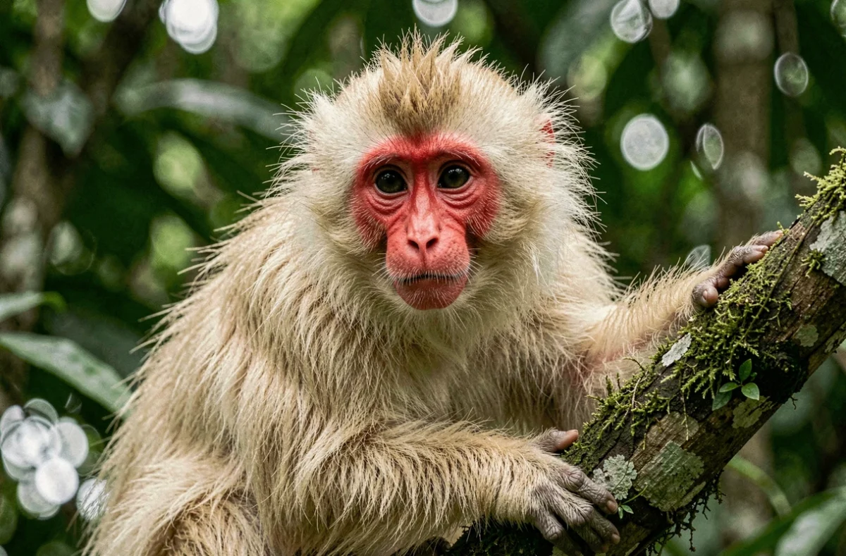 Singe uakari au visage rouge vif agrippé à une branche dans la forêt amazonienne, fourrure crème et regard expressif