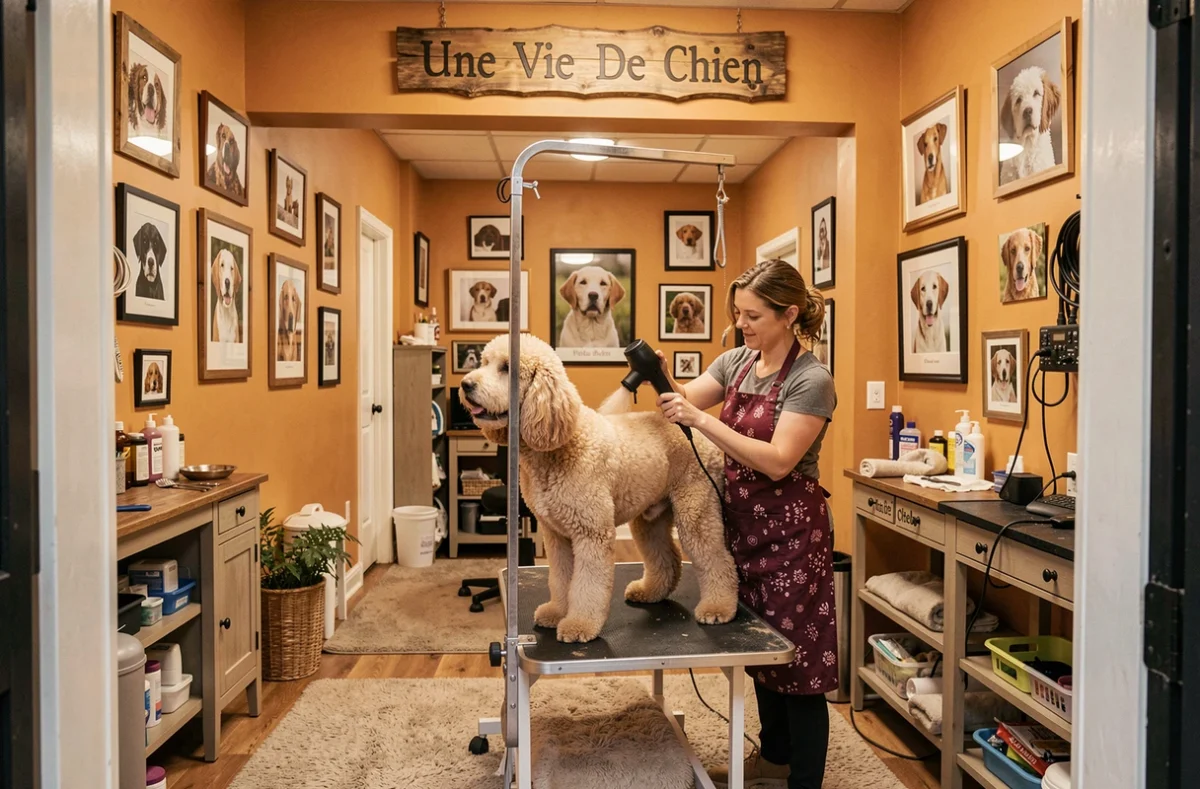 Toiletteuse séchant un labradoodle dans l'atmosphère chaleureuse du salon Une Vie De Chien