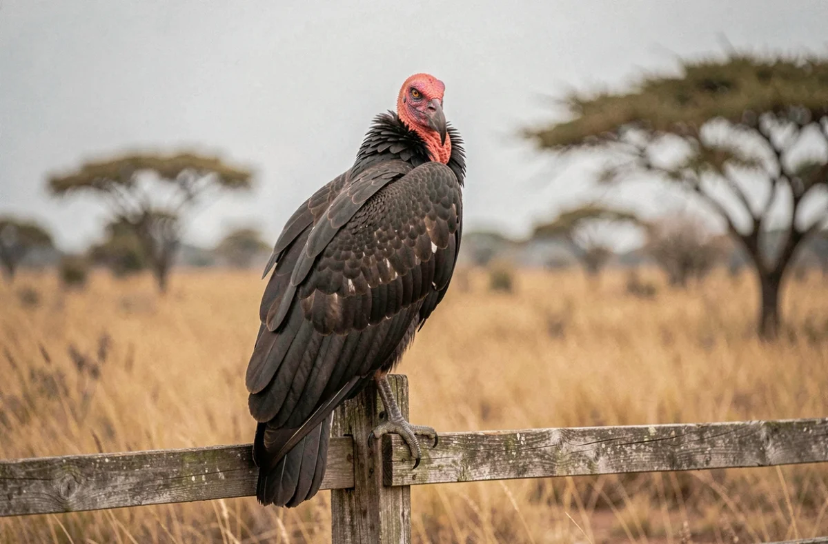 Urubu vautour perché sur un piquet de bois dans une savane sud-américaine, plumage noir irisé et tête rouge caractéristique