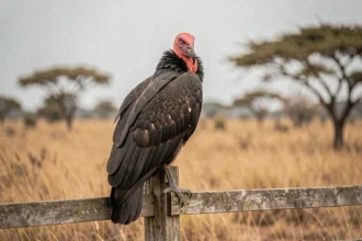 Urubu vautour perché sur un piquet de bois dans une savane sud-américaine, plumage noir irisé et tête rouge caractéristique