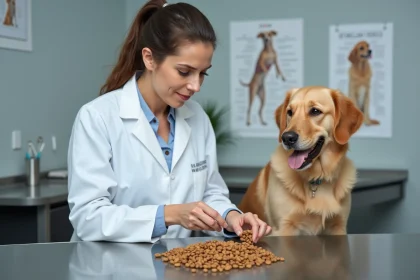 Vétérinaire analysant des croquettes pour chien sur une table d'examen en acier inoxydable dans une clinique vétérinaire
