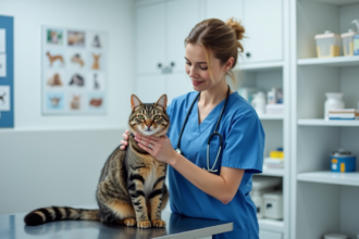 Vétérinaire femme avec chat âgé dans une clinique
