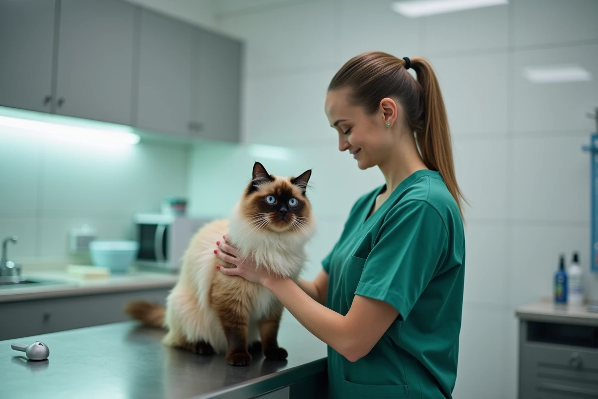 Vétérinaire tenant un chat sacré de Birmanie lors d'une consultation pré-opératoire dans une clinique vétérinaire moderne