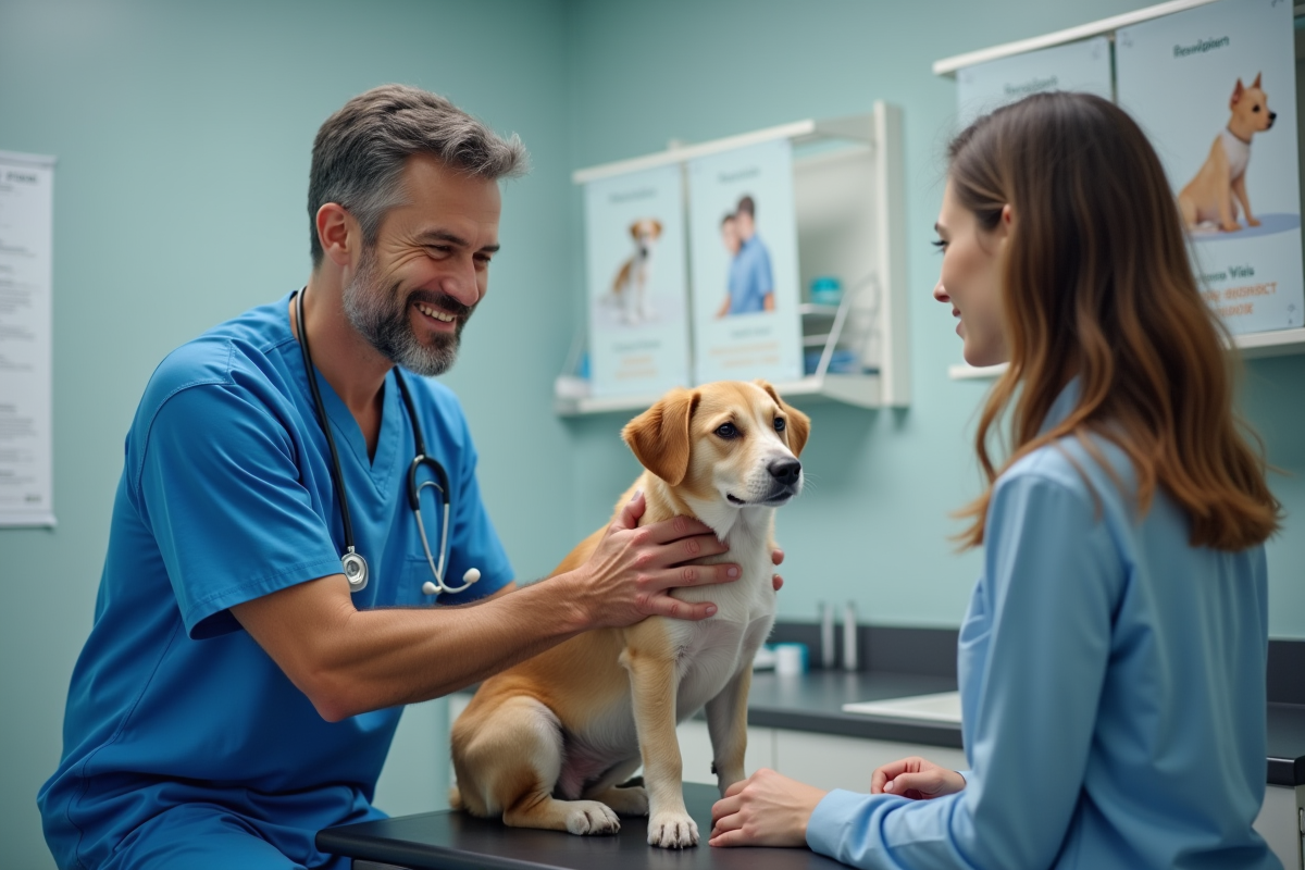 Vétérinaire examinant un chien dans une clinique moderne