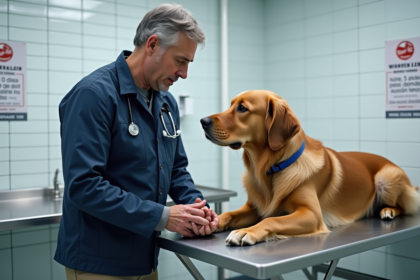 Vétérinaire français examinant un golden retriever en clinique