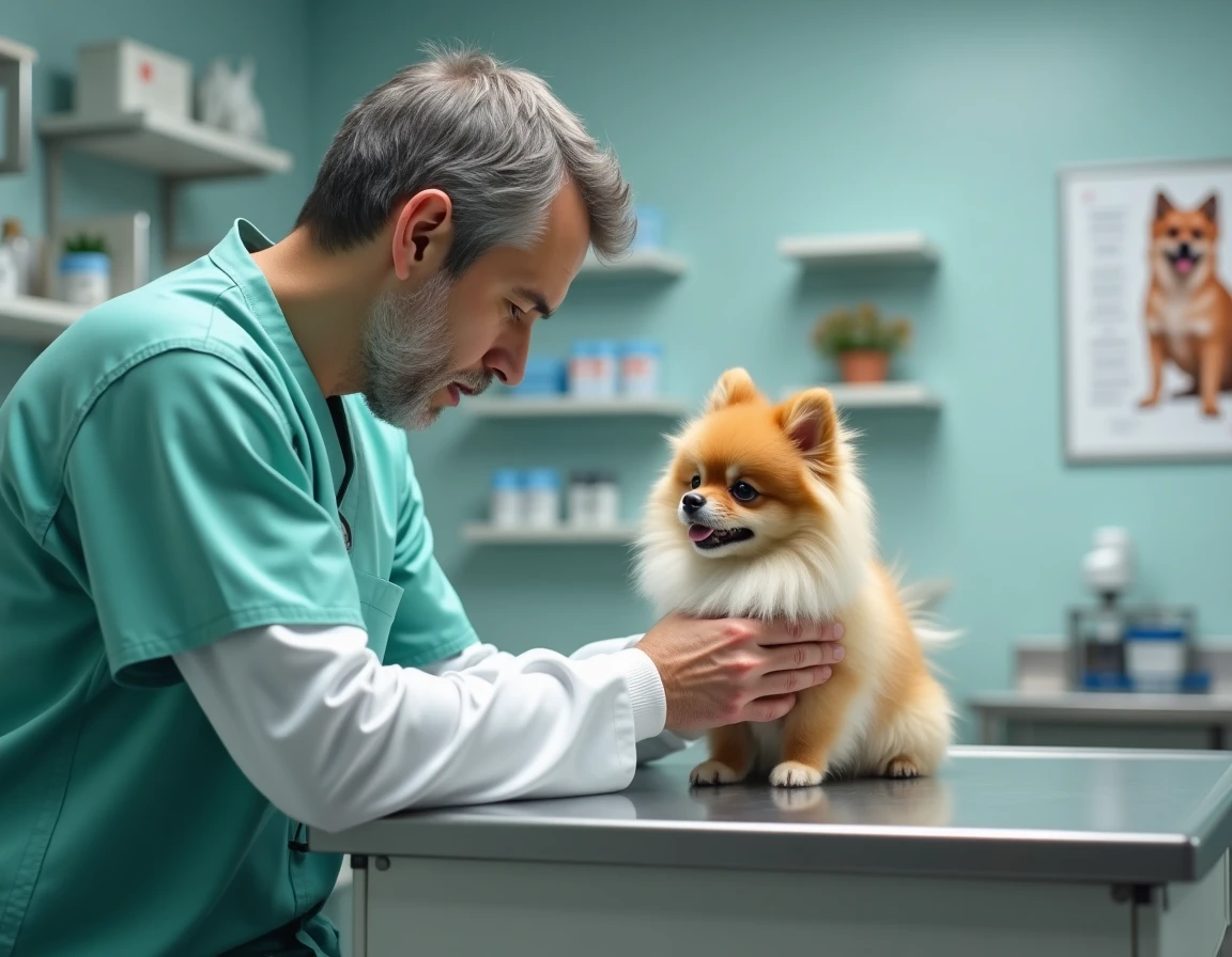 Vétérinaire examinant un spitz poméranien orange sur une table de consultation dans une clinique vétérinaire professionnelle