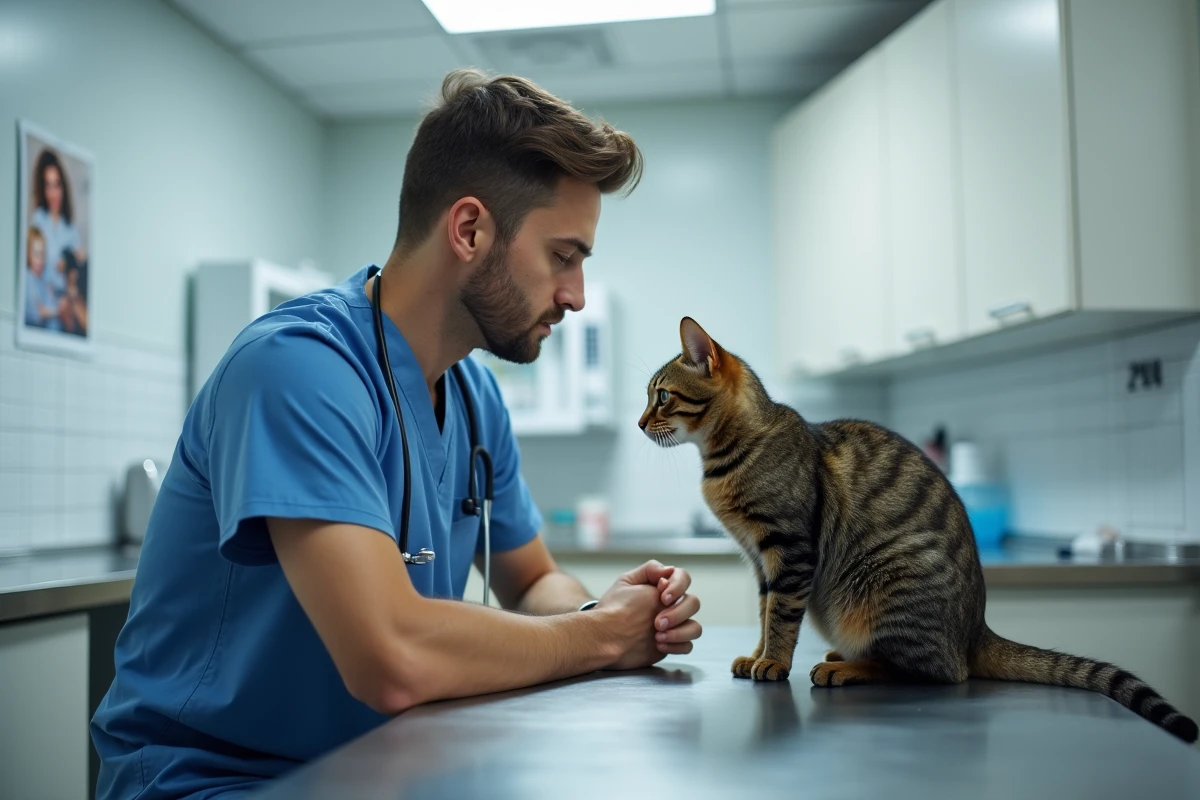 Vétérinaire observant un chat nerveux sur la table d