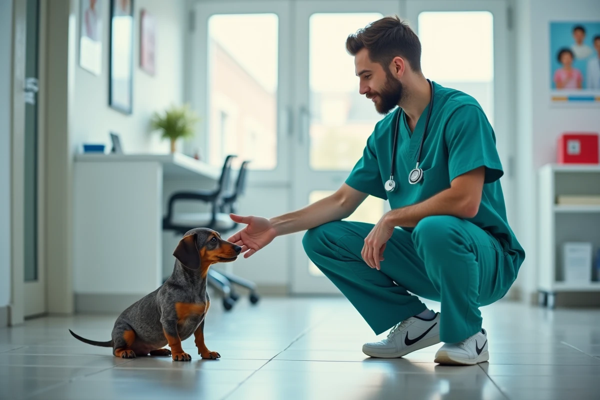 Vétérinaire jeune examinant un dachshund en clinique moderne