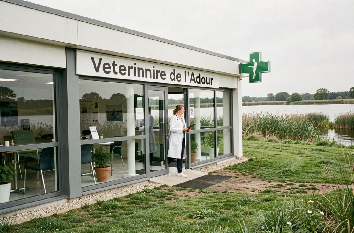 Façade de la clinique Vétérinaire de l'Adour avec la végétation de la rivière en arrière-plan et une vétérinaire à l'entrée