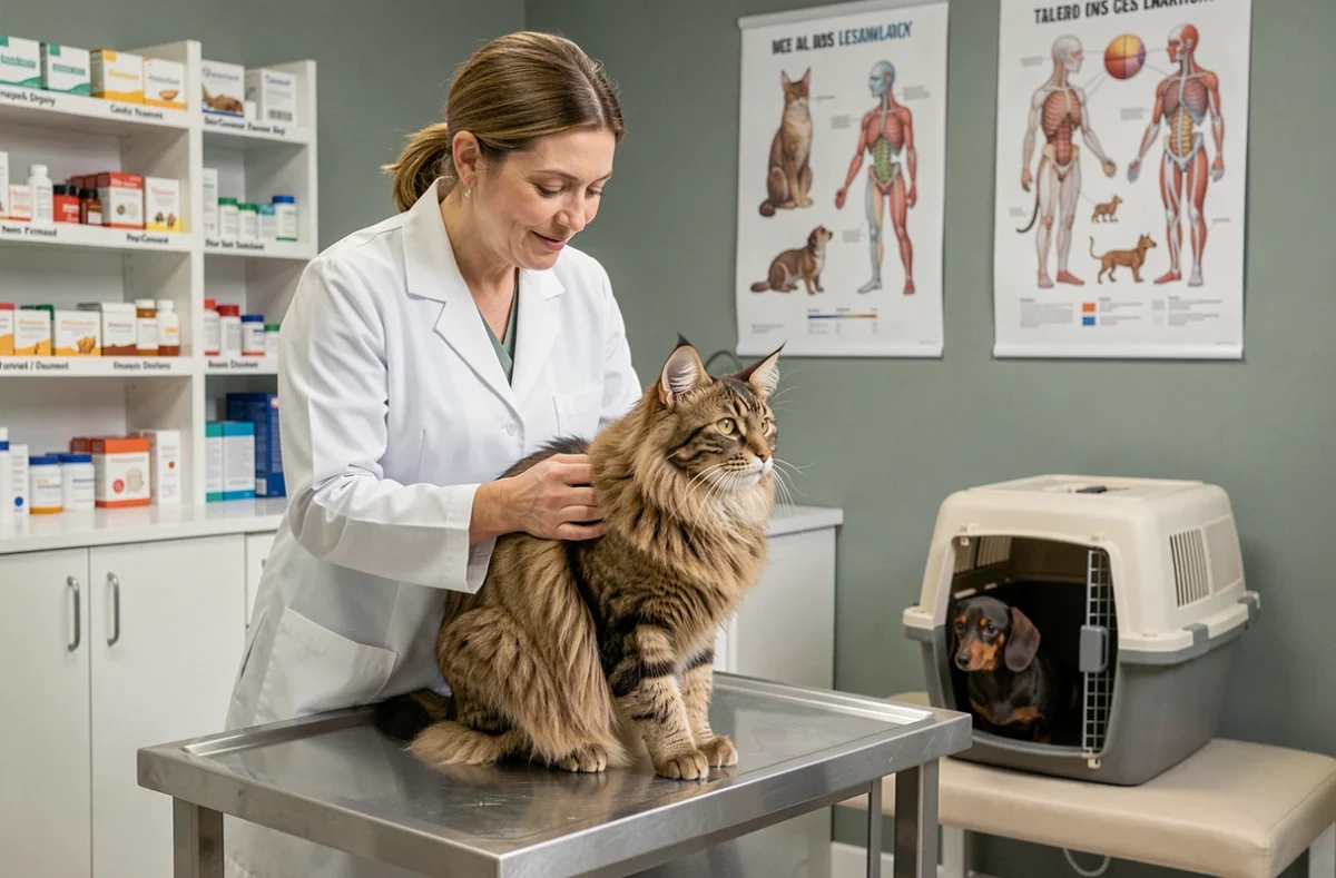 Vétérinaire examinant un chat dans une clinique avec un chien attendant, illustrant l'importance de l'assurance pour plusieurs animaux
