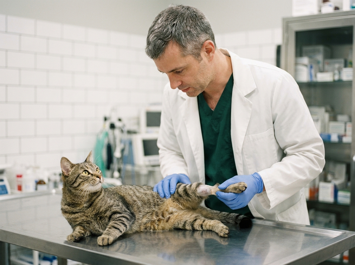 Vétérinaire examinant la patte d'un chat roux sur une table de consultation en clinique vétérinaire