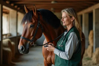 Vétérinaire examinant un cheval de sport bay dans une écurie avec stéthoscope, évaluation de santé équine