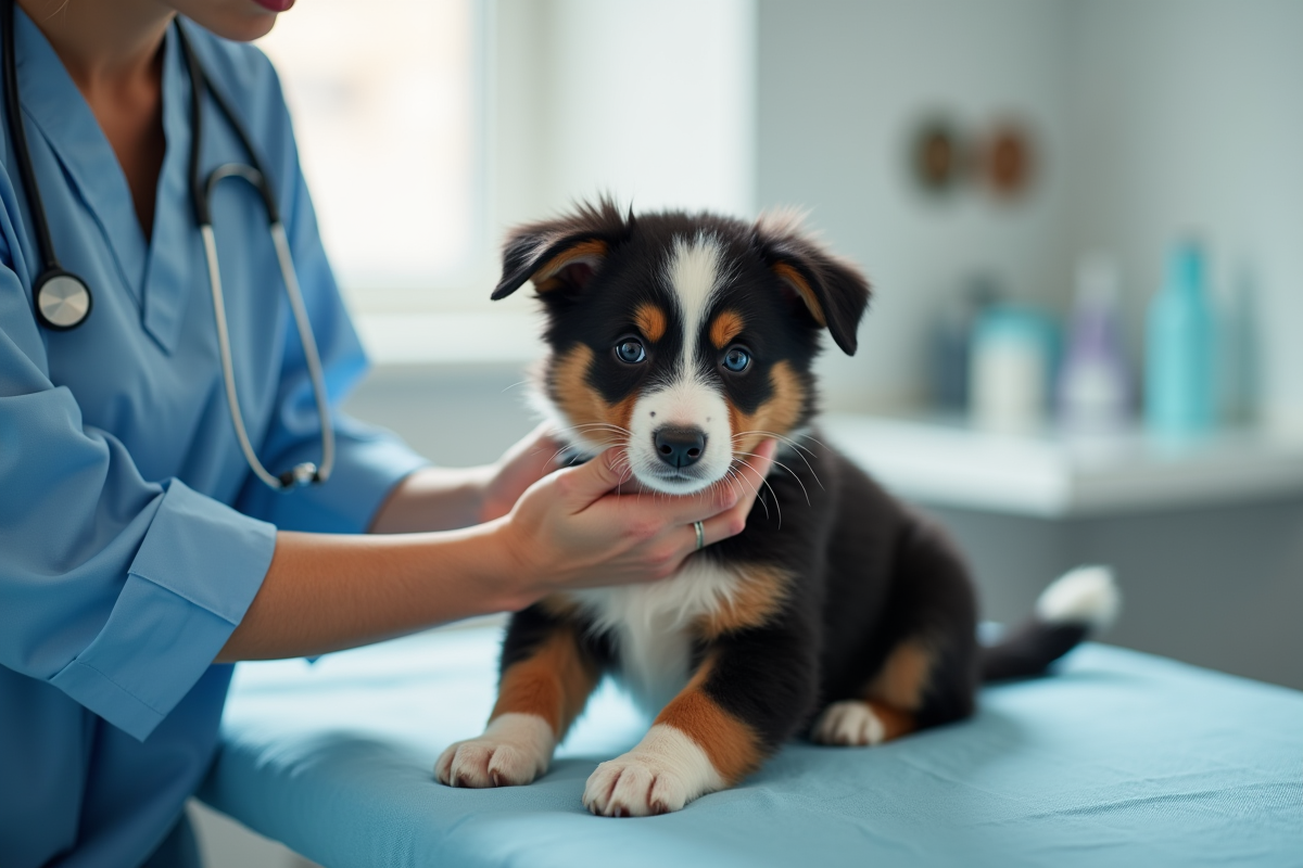 Vétérinaire examinant un chiot australian shepherd sur table