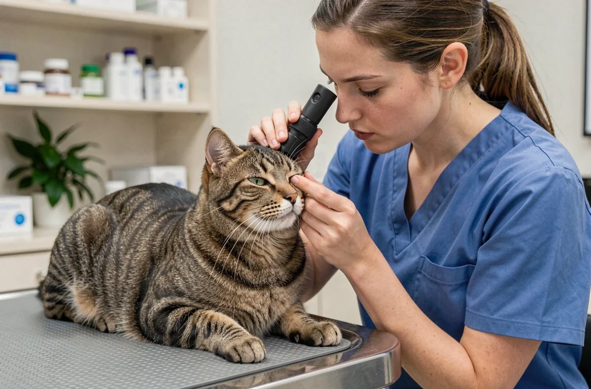 Vétérinaire examinant l'œil d'un chat tabby avec un ophtalmoscope dans une clinique vétérinaire moderne