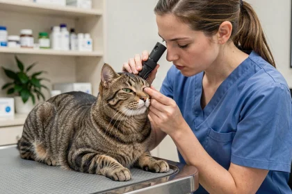 Vétérinaire examinant l'œil d'un chat tabby avec un ophtalmoscope dans une clinique vétérinaire moderne