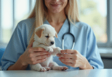 Vétérinaire examinant la patte d'un chiot dans une clinique lumineuse