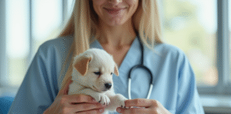 Vétérinaire examinant la patte d'un chiot dans une clinique lumineuse