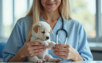 Retirer les ergots : à quel âge est-il trop tard ? Conseils et informations Vétérinaire examinant la patte d'un chiot dans une clinique lumineuse
